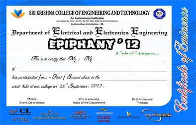 Certificates Design | Every Media Works | Branding & Creative Designing Services | Coimbatore | TamilNadu | India  | Epiphany '12 | SKCET